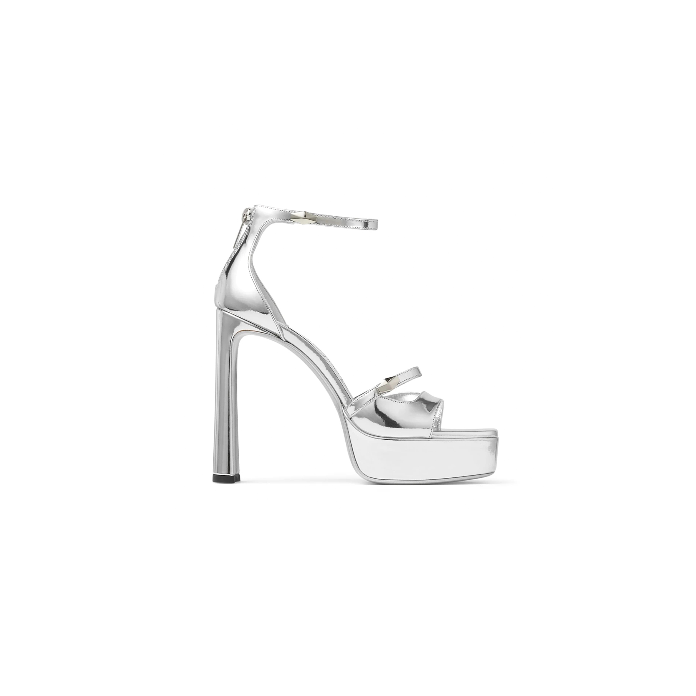 JIMMY CHOO CLARESSA PLATFORM 125 SILVER LIQUID METAL LEATHER PLATFORM SANDALS CLARESSAPF125QUI JIMMY CHOO CLARESSA PLATFORM 125 SILVER LIQUID METAL LEATHER PLATFORM SANDALS CLARESSAPF125QUI